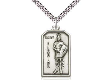 Sterling Silver St. Florian Patron Saint Medal Necklace 1 1/8 x 5/8 inches with 24 inch chain by Bliss Manufacturing