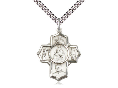 Sterling silver Carmelite 4-way medal necklace with 24 inch chain handcrafted in USA by Bliss Manufacturing