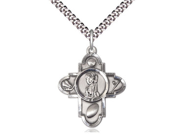 Sterling silver St. Christopher five-way medal necklace with 24 inch chain, handcrafted by Bliss Manufacturing