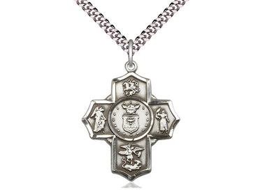 Sterling Silver Large Catholic 5-Way Air Force Medal Necklace 1.25 x 1 inch on 24 inch chain by Bliss