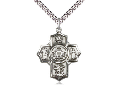 Large Sterling Silver 5-Way Coast Guard Catholic Medal Necklace 1.25 inch pendant 24 inch chain Bliss USA