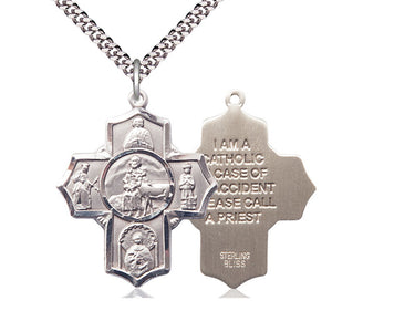 Large sterling silver Five-Way Medal necklace 1 3/8 inch with 24 inch curb chain by Bliss Manufacturing USA