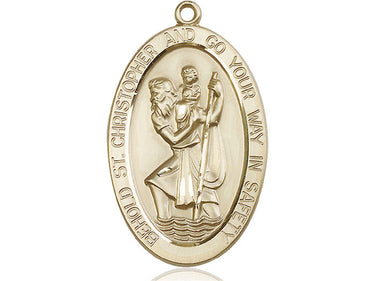 Large 14kt Solid Gold St. Christopher Medal Pendant 1 5/8 inch by 1 inch, handcrafted in USA by Bliss Manufacturing