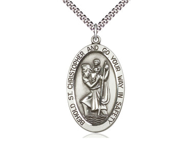 Large Sterling Silver St. Christopher Patron Saint Medal Necklace 1 5/8x1 inch with 24 inch Chain by Bliss