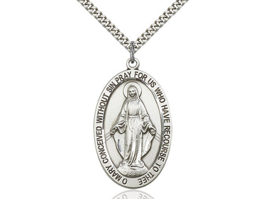Large Sterling Silver Miraculous Medal Necklace 1 5/8 x 1 with 24 inch chain handcrafted by Bliss