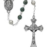 7mm green and black swirl glass bead rosary with traditional five-decade format and contrasting marbled bead pattern