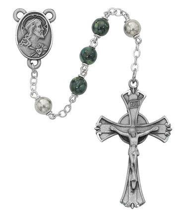 7mm green and black swirl glass bead rosary with traditional five-decade format and contrasting marbled bead pattern