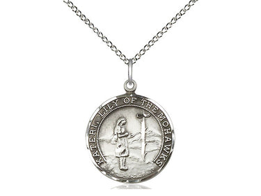 Sterling Silver St. Kateri Tekakwitha patron saint medal necklace 3/4 inch by 5/8 inch on 18 inch curb chain handcrafted by Bliss