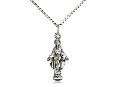 Sterling Silver Miraculous Medal Necklace 7/8 x 3/8 inches with 18 inch curb chain handmade in USA by Bliss Manufacturing