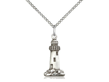 Sterling Silver Lighthouse Pendant Necklace 3/4 x 3/8 inch with 18 inch Chain by Bliss Manufacturing USA