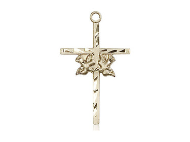 14kt solid gold doves cross pendant 1 x 5/8 inches handcrafted in USA by Bliss Manufacturing