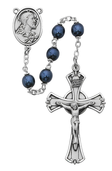 7mm blue metallic rosary with pewter crucifix and pewter center piece shown against white background