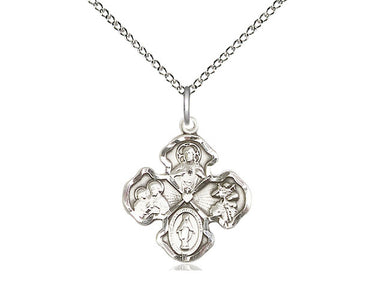 Sterling silver 4-Way Catholic medal necklace featuring Sacred Heart, St. Christopher, Miraculous Medal, and St. Joseph on 18 inch chain by Bliss