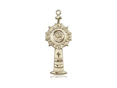 14kt solid gold Monstrance medal pendant 1 x 3/8 inches handcrafted by Bliss Manufacturing USA