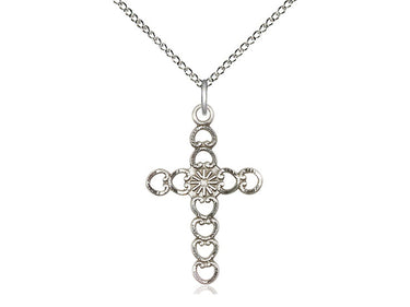 Sterling Silver Hearts with Sunburst Cross Necklace 1 inch by 5/8 inch pendant on 18 inch chain by Bliss