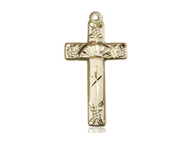 14kt solid gold Catholic cross pendant 1 inch by half inch handcrafted by Bliss Manufacturing USA