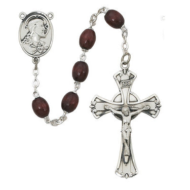 6x8mm brown wood rosary with sterling silver crucifix and center piece displayed against a neutral background