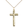 14kt Gold Filled Catholic cross necklace with 1⅛×½ inch pendant on 18 inch curb chain handcrafted by Bliss USA