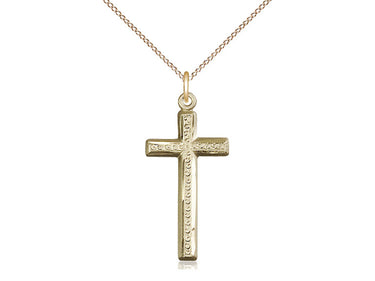 14kt Gold Filled Catholic cross necklace with 1⅛×½ inch pendant on 18 inch curb chain handcrafted by Bliss USA