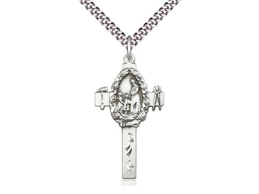 Large Sterling Silver Cross Necklace 1-3/8x3/4 inch pendant on 24 inch chain by Bliss Manufacturing