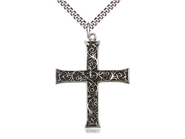 Large Sterling Silver Catholic cross pendant necklace 1 5/8 x 1 1/4 with 24 inch chain handmade by Bliss