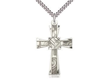 Sterling Silver Large Mosaic Cross Necklace 1 5/8 x 1 with 24 inch chain by Bliss Manufacturing USA
