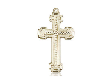 14kt solid gold medium Catholic cross pendant 1 inch by 1/2 inch handcrafted in USA by Bliss Manufacturing