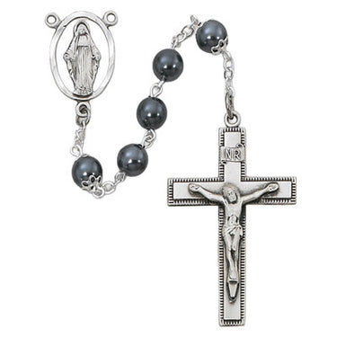 7mm imitation hematite rosary with sterling silver crucifix and center in dark gunmetal bead color