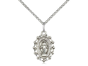Sterling silver small Miraculous Medal pendant necklace 5/8 by 3/8 inch on 18 inch chain by Bliss