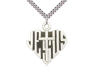 Sterling Silver Heart of Jesus Cross Necklace 1 1/8 inch pendant with 24 inch curb chain handcrafted by Bliss Manufacturing