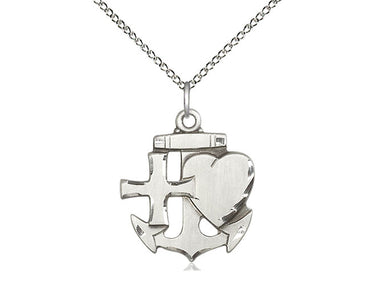 Medium Sterling Silver Faith Hope Charity Necklace with 7/8 x 3/4 inch Pendant on 18 inch Curb Chain by Bliss Manufacturing