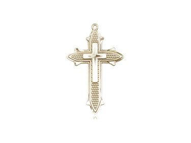 14kt solid gold medium cross on cross pendant 7/8 inch by 1/2 inch handcrafted by Bliss Manufacturing USA