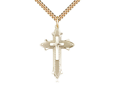 Gold filled large cross on cross necklace 1 3/8 inch pendant with 24 inch heavy curb chain by Bliss Manufacturing