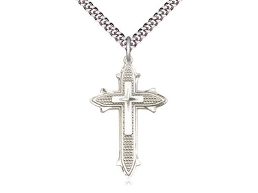 Large sterling silver cross on cross necklace 1 3/8 inch by 3/4 inch pendant with 24 inch curb chain by Bliss