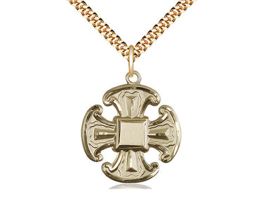 14kt gold filled Catholic cross necklace 1 x 7/8 inches with 24 inch chain by Bliss Manufacturing USA