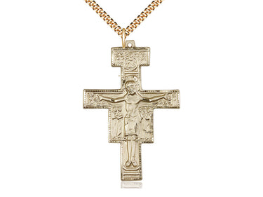 Extra Large 14kt Gold Filled San Damiano Crucifix Necklace 2 inch by 1-3/8 inch with 24 inch Curb Chain by Bliss