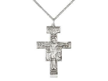 Large Sterling Silver San Damiano Crucifix necklace with 1 1/4 x 7/8 inch pendant on 18 inch chain by Bliss
