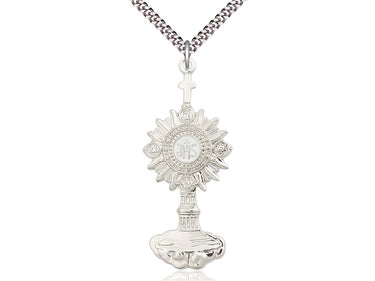 Sterling Silver Extra Large Monstrance Pendant Necklace 2 1/8 x 7/8 with 24 Inch Chain by Bliss USA