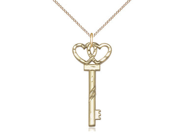 Gold Filled Large Irish Key with Double Hearts Pendant Necklace 1 1/4 x 1/2 inch with 18 inch chain by Bliss Manufacturing