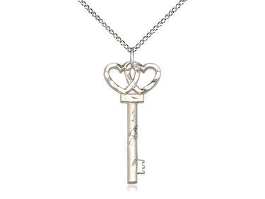 Sterling Silver Irish Key with Double Hearts Necklace 1 1/4 x 1/2 inch pendant on 18 inch curb chain by Bliss