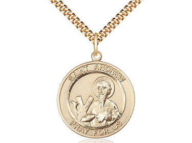 14kt Gold Filled St. Andrew the Apostle patron saint medal necklace with 1 inch by 5/8 inch pendant on 24 inch curb chain, handcrafted in USA by Bliss Manufacturing