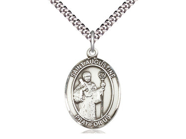 Sterling silver St. Augustine patron saint medal necklace with 24-inch chain, handcrafted by Bliss