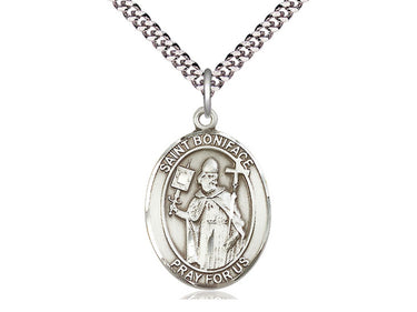 Sterling silver St. Boniface patron saint medal necklace 1x3/4 inch on 24 inch chain by Bliss