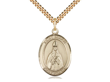 14kt gold filled St. Blaise patron saint medal necklace 1 inch by 3/4 inch on 24 inch chain handmade by Bliss Manufacturing USA