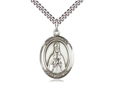 Sterling silver St. Blaise patron saint medal 1x3/4 inch on 24 inch chain by Bliss Manufacturing