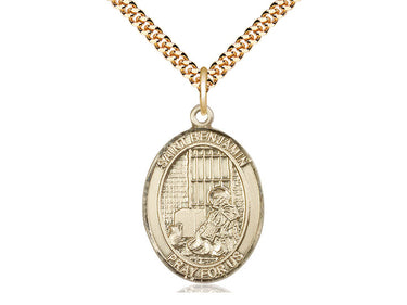 14kt gold filled St. Benjamin patron saint medal necklace 1 inch by 3/4 inch on 24 inch chain handmade by Bliss Manufacturing USA