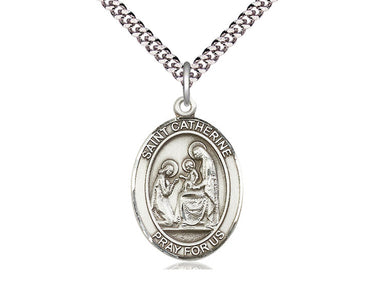 Sterling silver St. Catherine of Siena patron saint medal necklace, 1x3/4 inch pendant, 24 inch chain, handcrafted by Bliss Manufacturing
