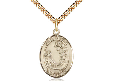 14kt gold filled St. Cecilia patron saint medal necklace, 1x3/4 inch pendant, 24 inch chain, handcrafted by Bliss Manufacturing