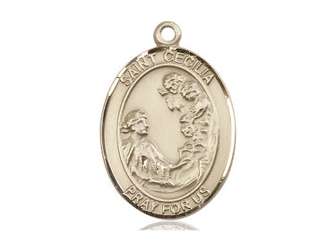 14kt solid gold St. Cecilia patron saint medal pendant, 1 inch by 3/4 inch, handcrafted by Bliss Manufacturing USA