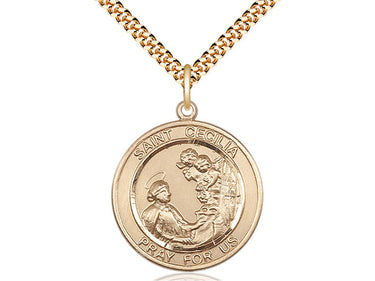 14kt gold filled St. Cecilia patron saint medal necklace, 1x5/8 inch pendant, 24 inch chain, handcrafted by Bliss Manufacturing